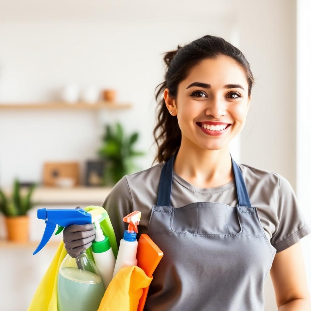 Friendly professional cleaner with supplies